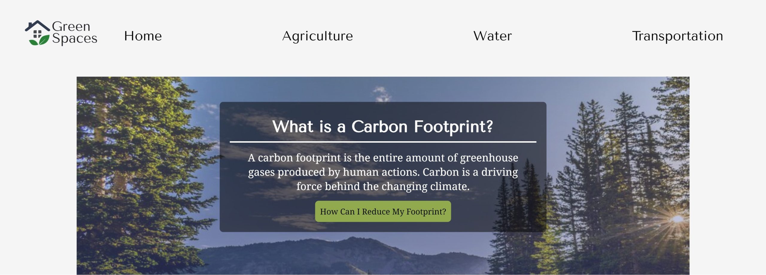 FIXED-greenspace Screenshot of a website called "Green Spaces" with an image of nature.