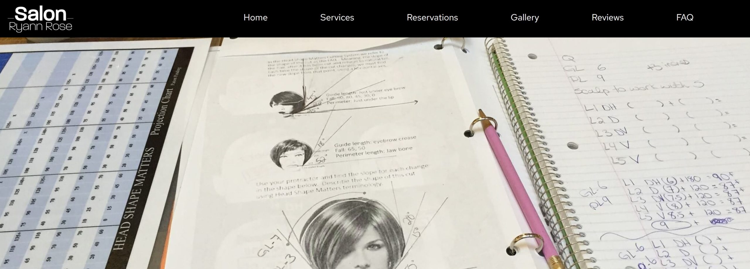 FIXED-salonryannrose Screenshot of website titled "Salon Ryann Rose" with a pile of textbooks underneath.